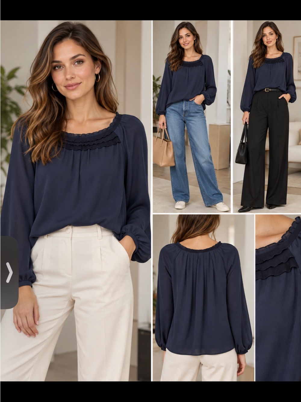 Ann Taylor Navy Peasant Blouse with Ruffle Yoke size M silk 100%